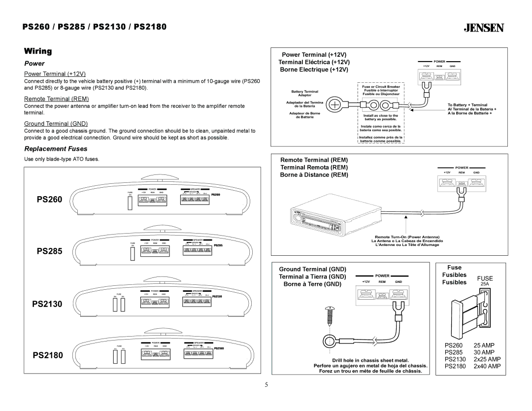 Jensen operation manual PS260 / PS285 / PS2130 / PS2180 Wiring, Power, Replacement Fuses 