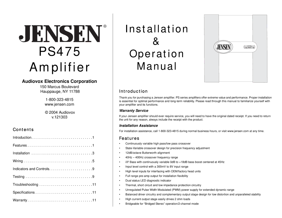 Jensen PS475 specifications Introduction, Contents, Features 