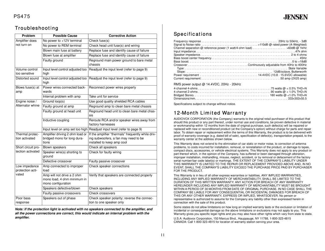 Jensen PS475 Troubleshooting, Specifications, Month Limited Warranty, Problem Possible Cause Corrective Action 