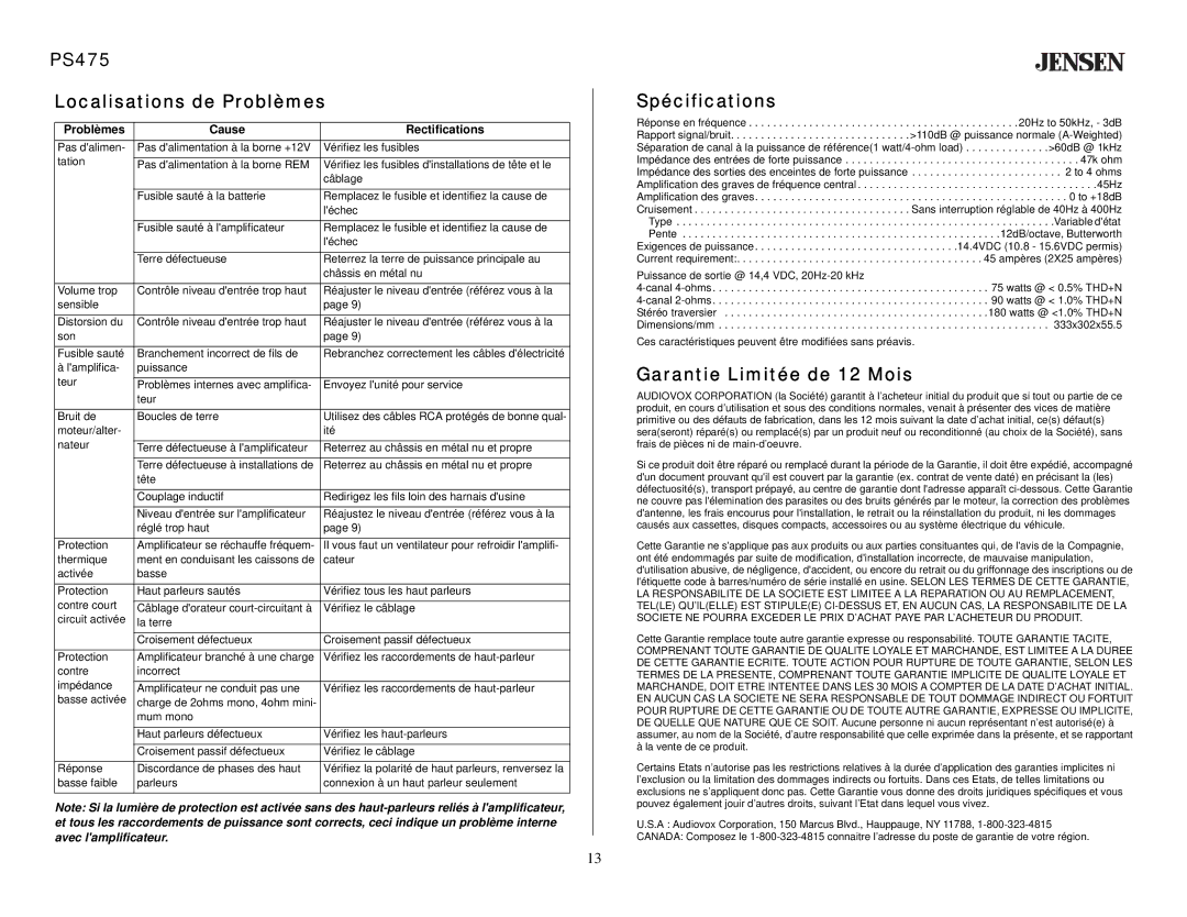 Jensen PS475 Localisations de Problèmes, Spécifications, Garantie Limitée de 12 Mois, Problèmes Cause Rectifications 