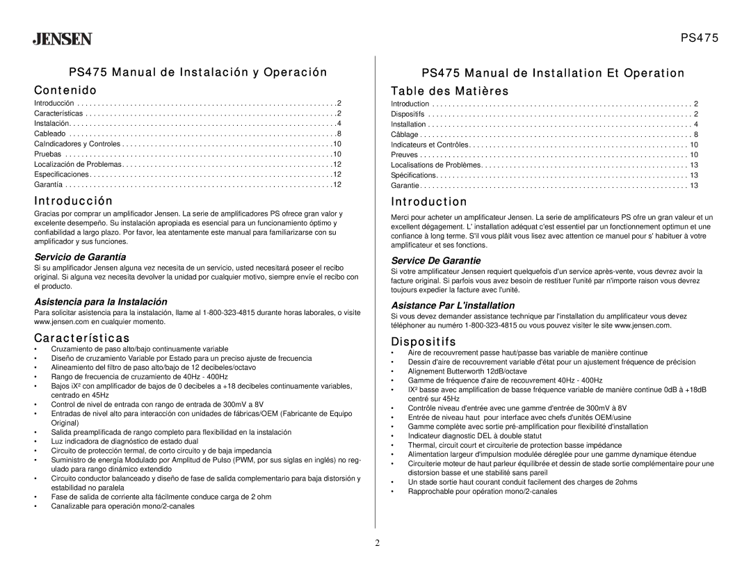 Jensen specifications PS475 Manual de Instalación y Operación Contenido, Introducción, Características, Dispositifs 