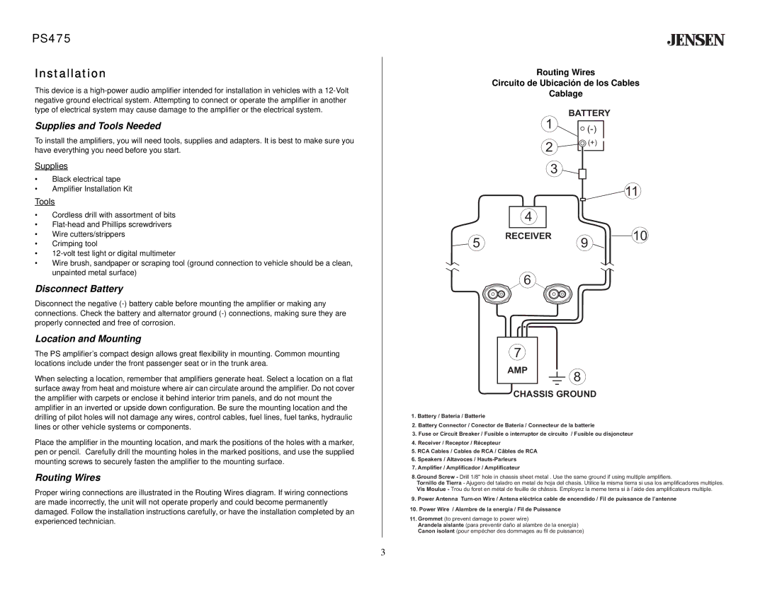 Jensen PS475 Installation, Supplies and Tools Needed, Disconnect Battery, Location and Mounting, Routing Wires 