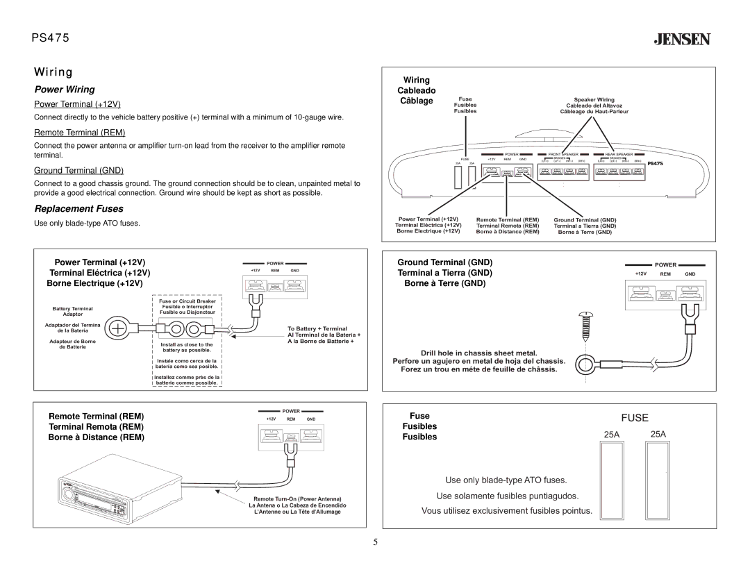 Jensen specifications PS475 Wiring, Power Wiring, Replacement Fuses, Wiring Cableado Câblage, 25A 