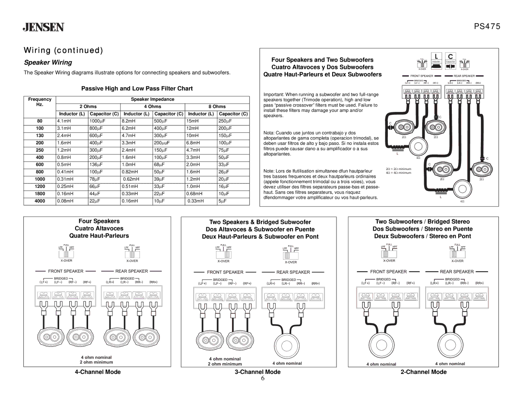 Jensen specifications Wiring PS475, Speaker Wiring, Four Speakers, Cuatro Altavoces, Two Speakers & Bridged Subwoofer 