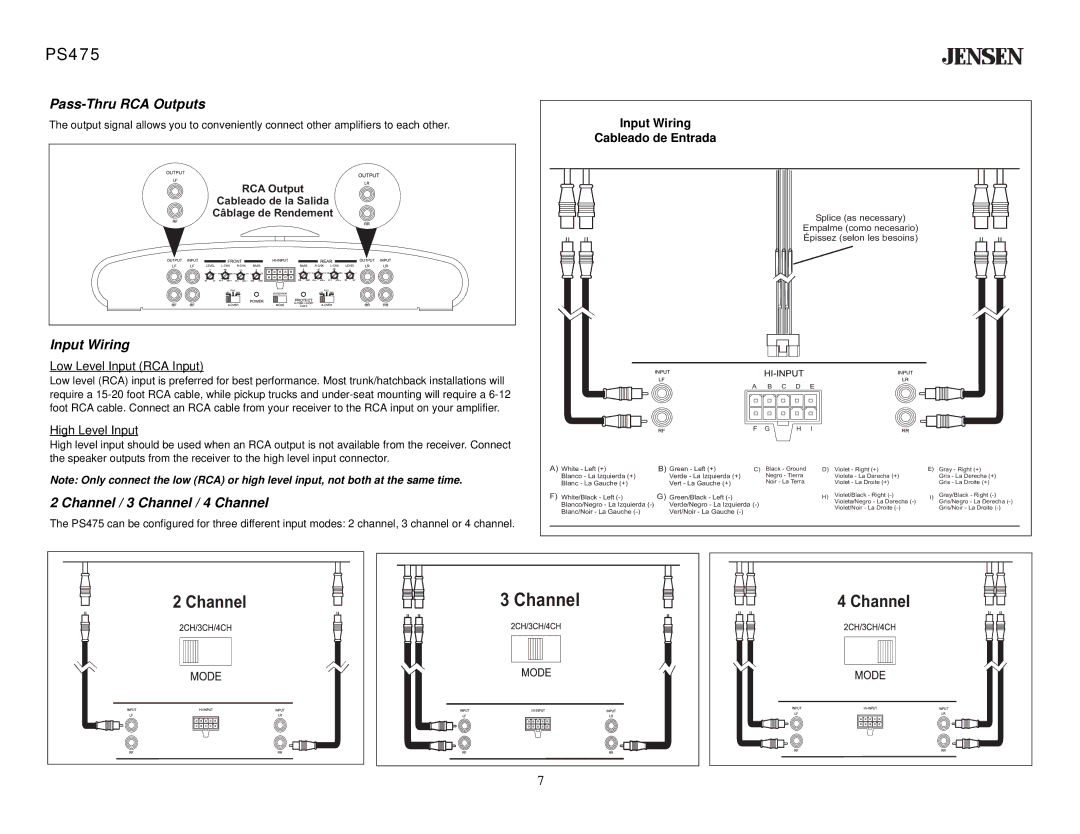 Jensen PS475 specifications Pass-Thru RCA Outputs, Channel / 3 Channel / 4 Channel, Input Wiring Cableado de Entrada 