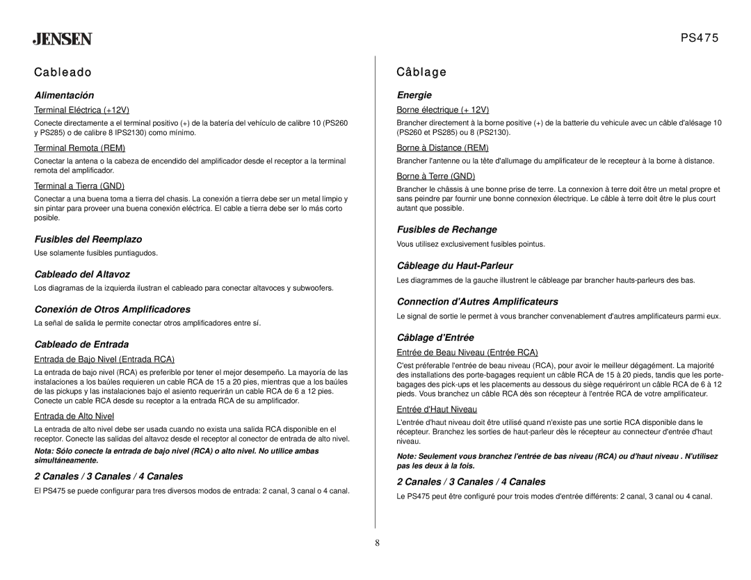 Jensen specifications Cableado, PS475 Câblage 
