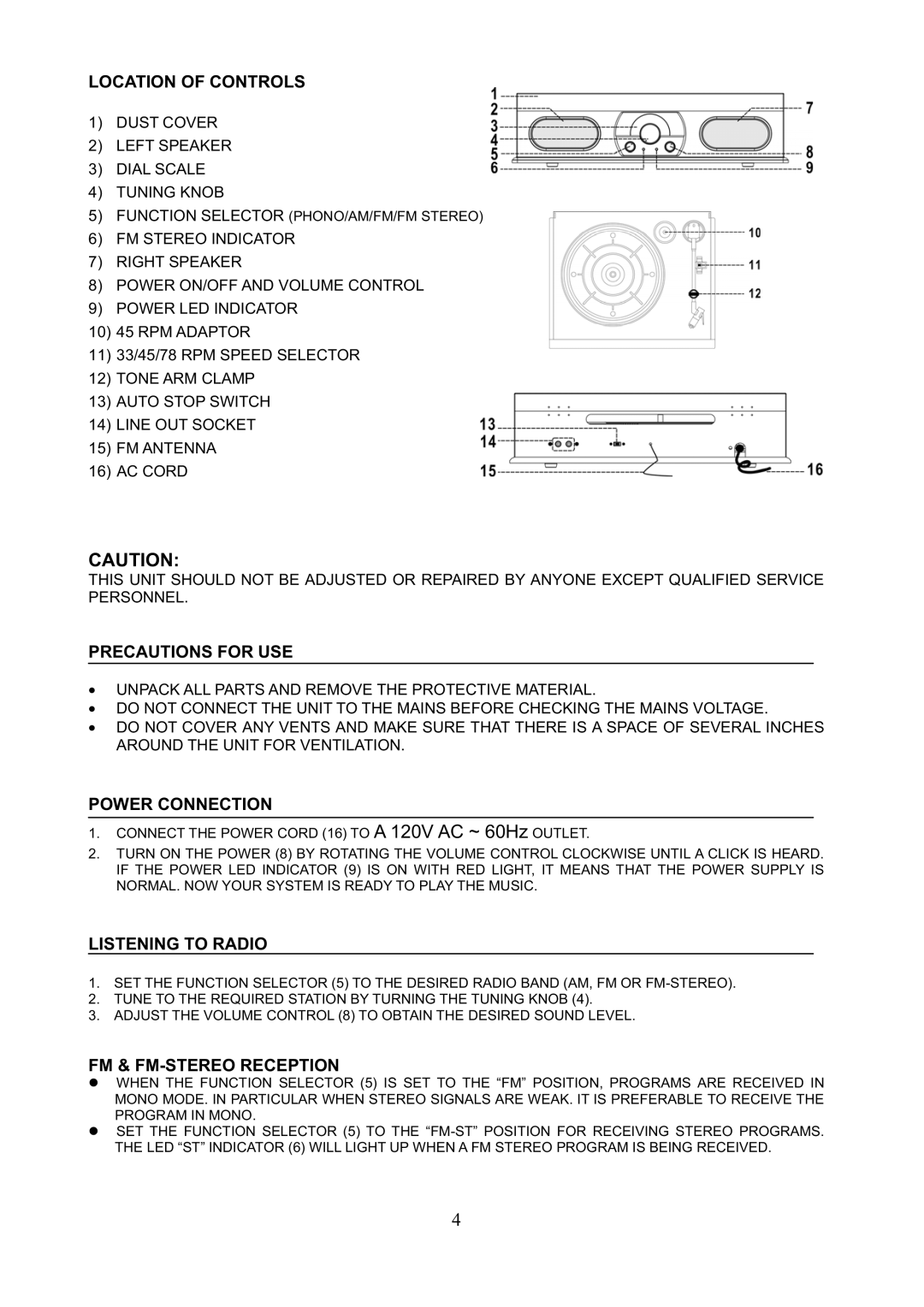 Jensen SB6051 Location of Controls, Precautions for USE, Power Connection, Listening to Radio, FM & FM-STEREO Reception 