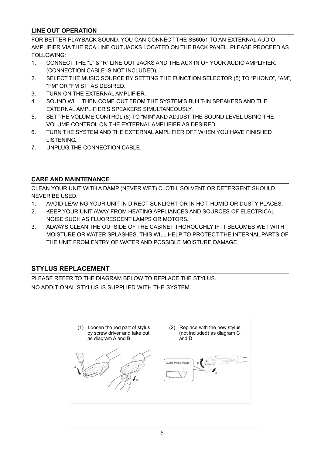 Jensen SB6051 manual Line OUT Operation, Care and Maintenance 