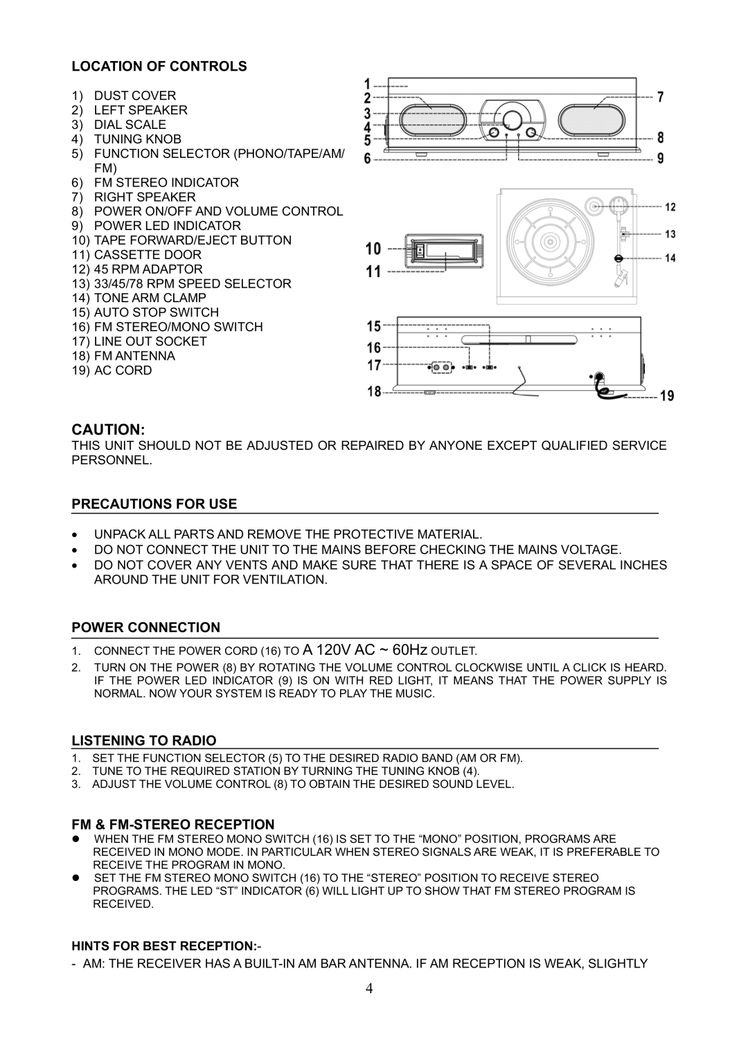 Jensen SB6052 Location of Controls, Precautions for USE, Power Connection, Listening to Radio, FM & FM-STEREO Reception 