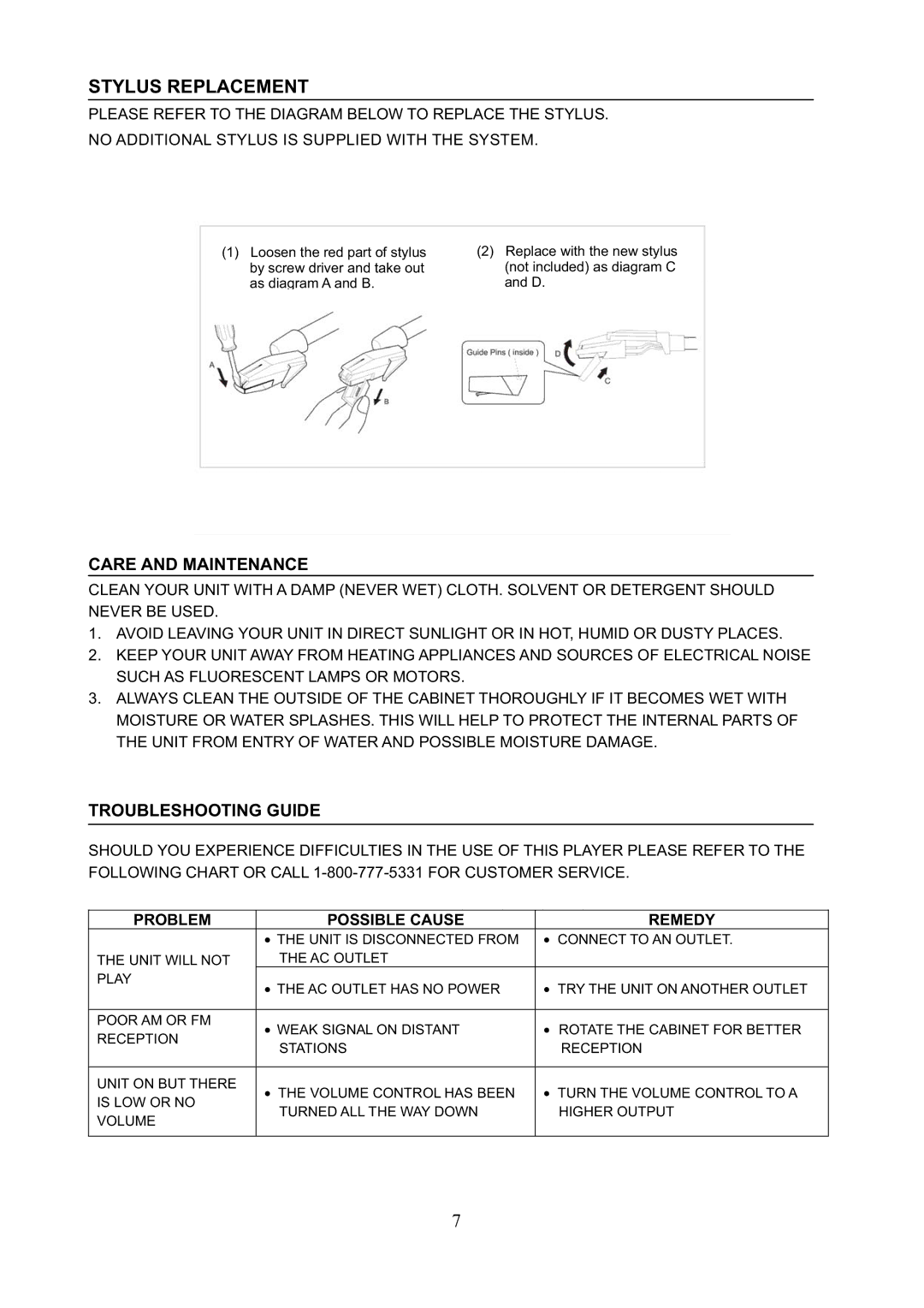 Jensen SB6052 manual Care and Maintenance, Troubleshooting Guide 