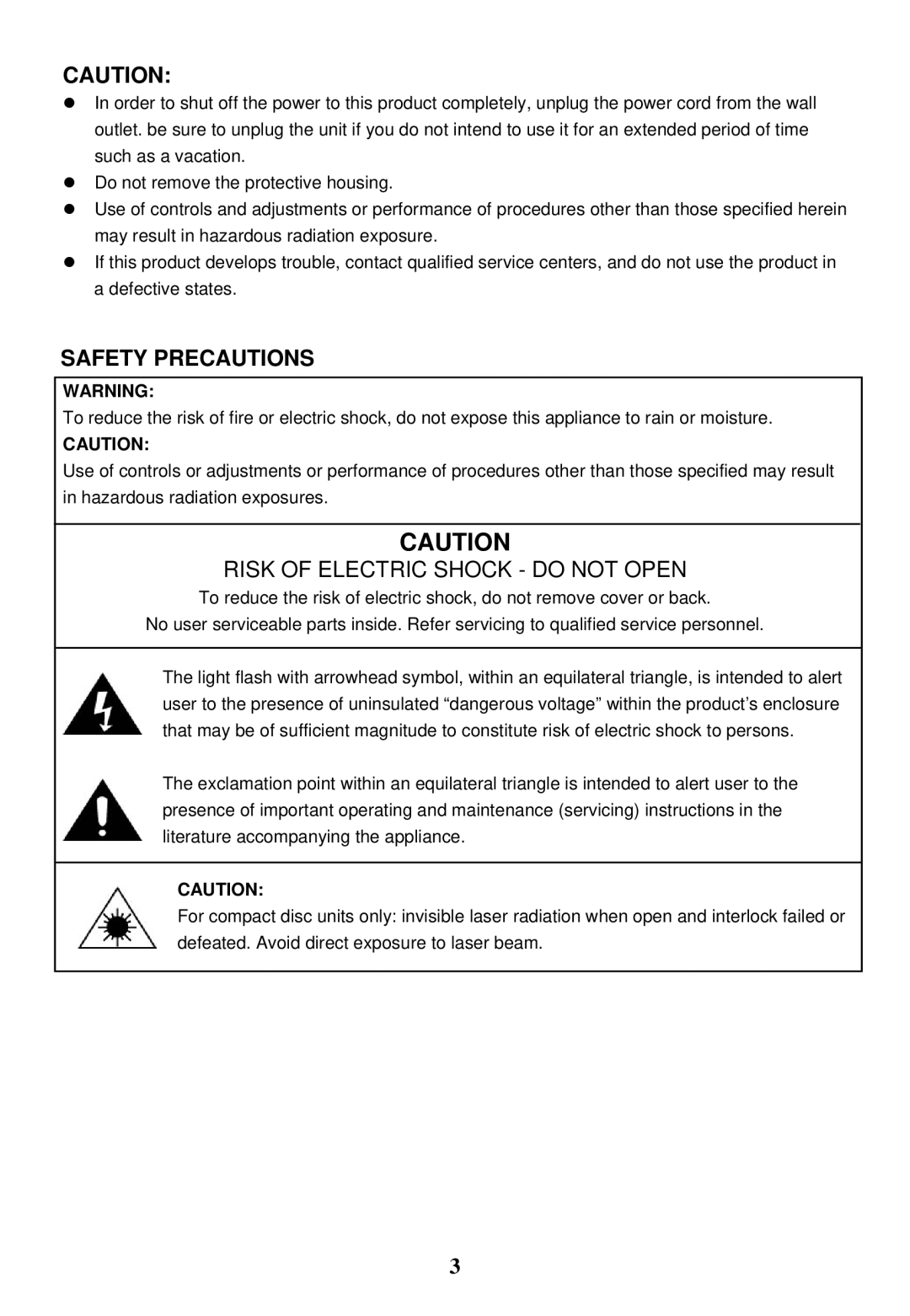 Jensen SB6060 manual Safety Precautions, Risk of Electric Shock do not Open 