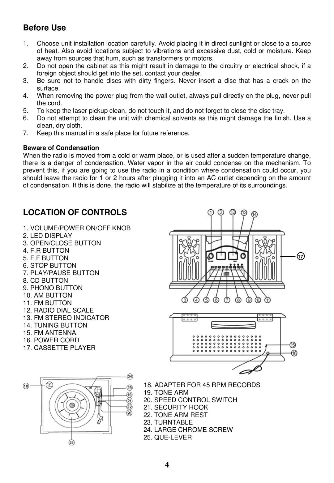 Jensen SB6060 manual Before Use, Location of Controls, Beware of Condensation 