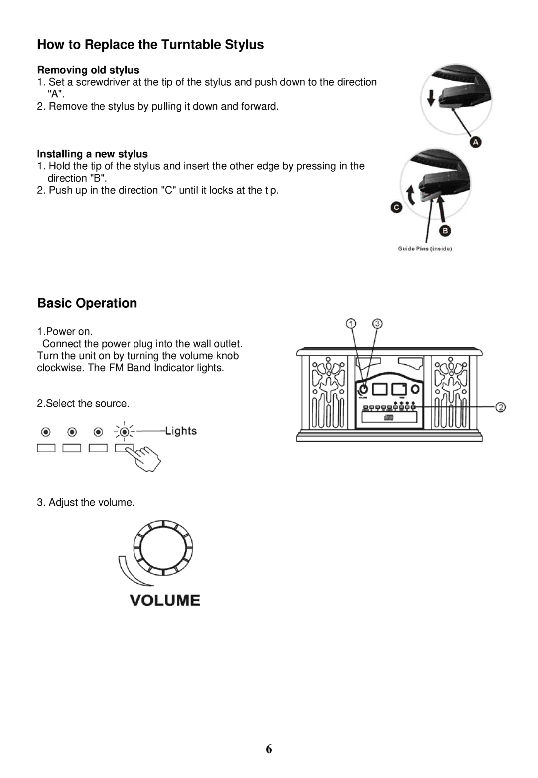 Jensen SB6060 manual How to Replace the Turntable Stylus, Basic Operation, Removing old stylus, Installing a new stylus 