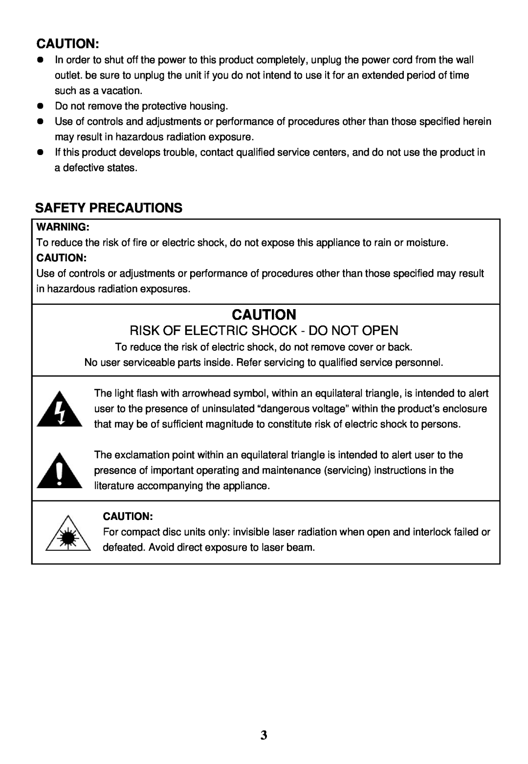 Jensen SB6060 manual Safety Precautions, Risk Of Electric Shock - Do Not Open 