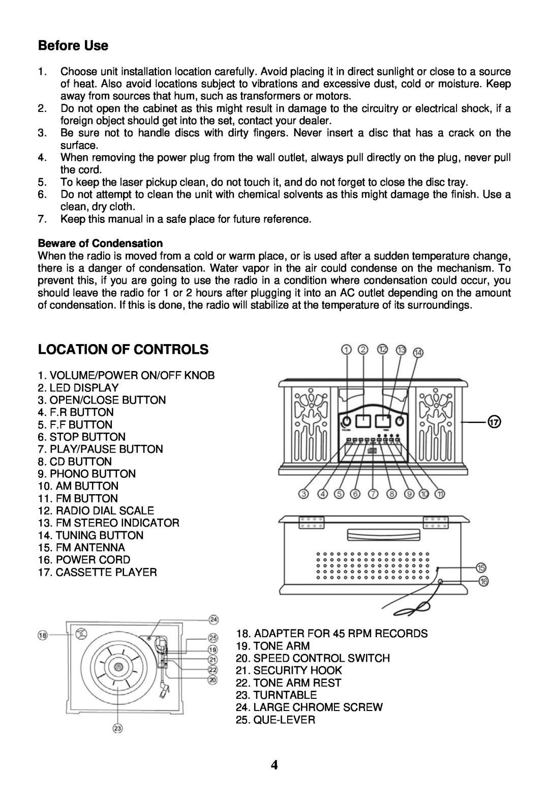 Jensen SB6060 manual Before Use, Location Of Controls, Beware of Condensation 