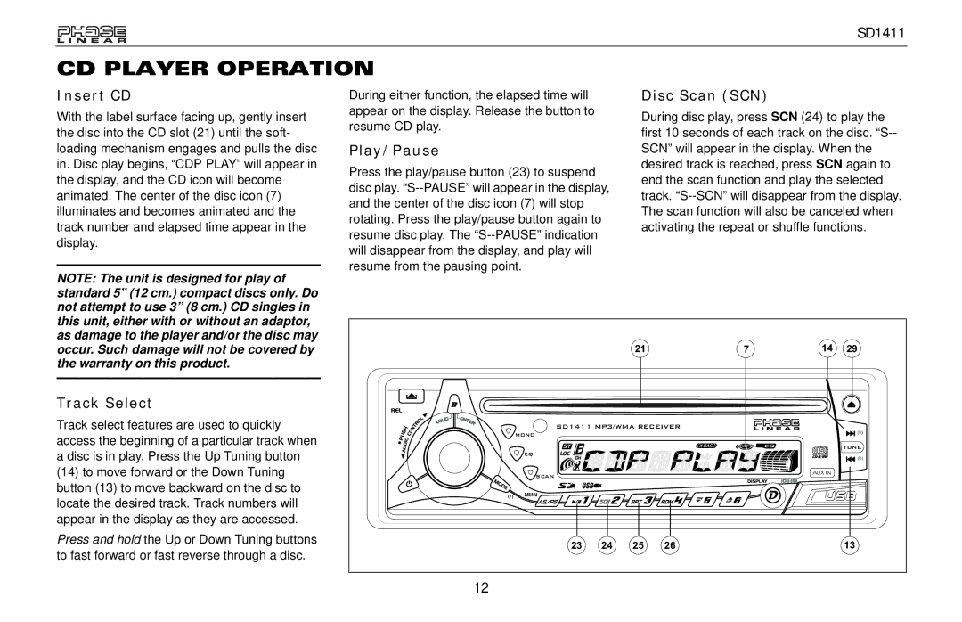 Jensen SD1411 owner manual CD Player Operation, Insert CD, Play/Pause, Disc Scan SCN, Track Select 