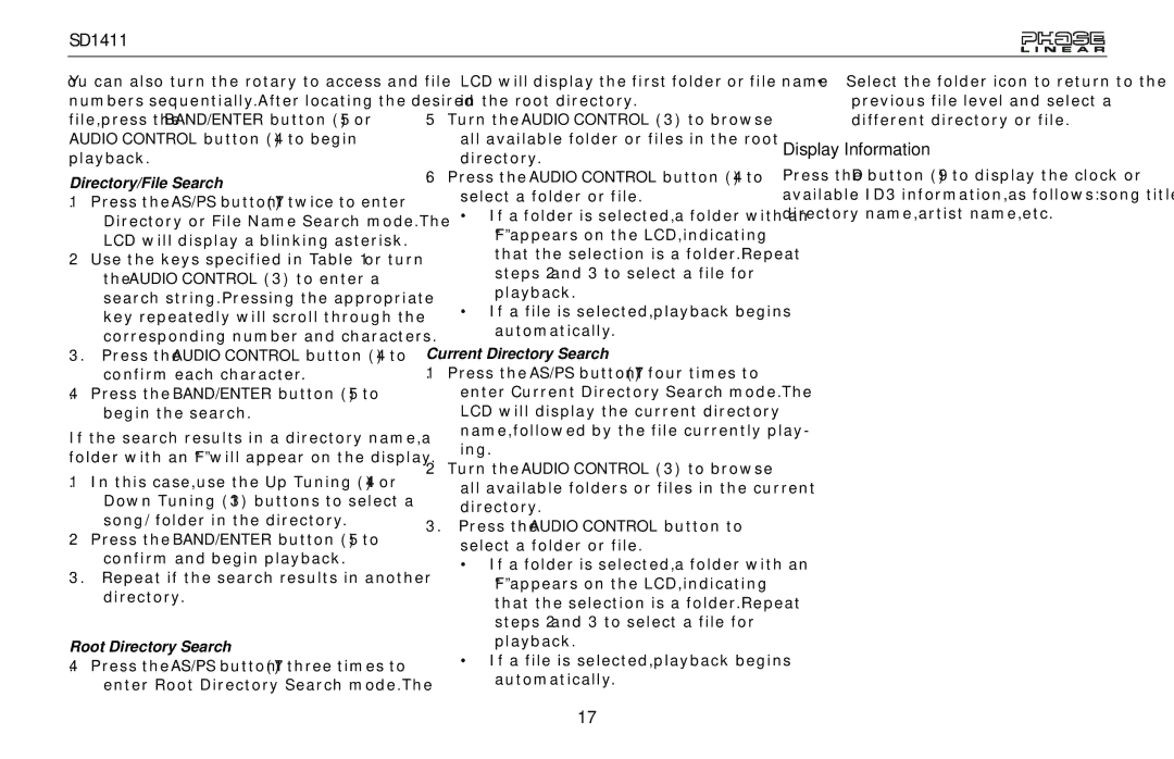 Jensen SD1411 owner manual Display Information, Directory/File Search, Root Directory Search, Current Directory Search 