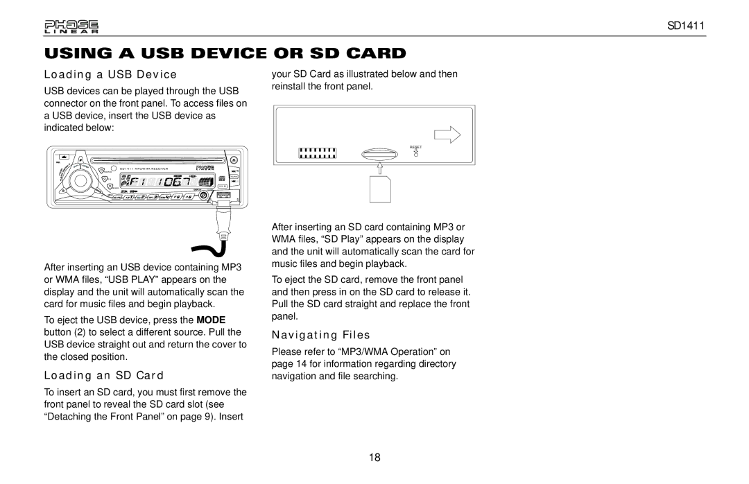 Jensen SD1411 owner manual Using a USB Device or SD Card, Loading a USB Device, Loading an SD Card, Navigating Files 