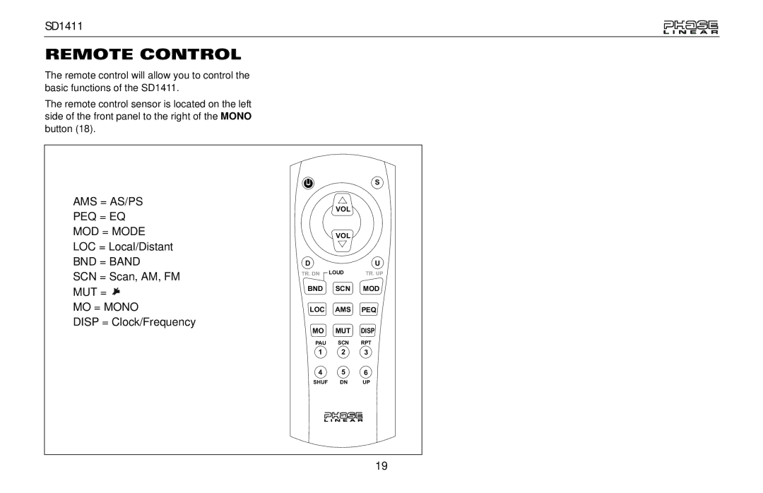 Jensen SD1411 owner manual Remote Control, MO = Mono 