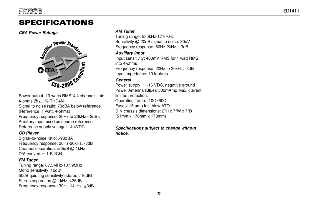 Jensen SD1411 owner manual Specifications 