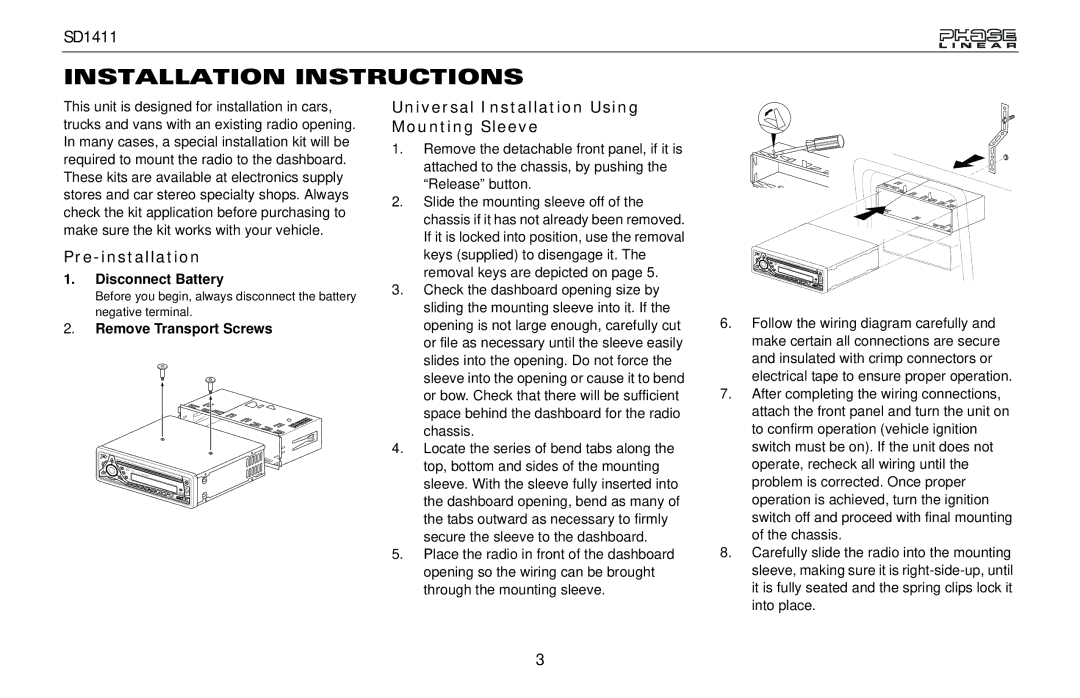 Jensen SD1411 owner manual Installation Instructions, Pre-installation, Universal Installation Using Mounting Sleeve 