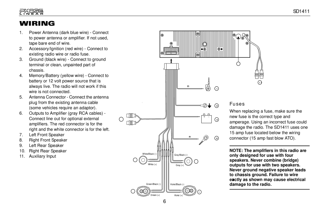 Jensen SD1411 owner manual Wiring, Fuses, Only designed for use with four 