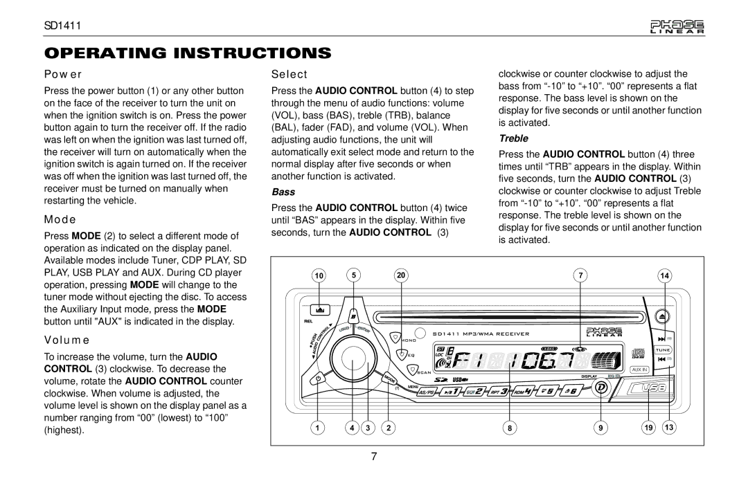 Jensen SD1411 owner manual Operating Instructions, Power, Mode, Select, Volume 