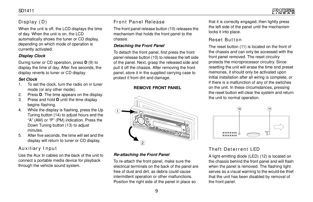 Jensen SD1411 owner manual Display D, Auxiliary Input, Front Panel Release, Reset Button, Theft Deterrent LED 