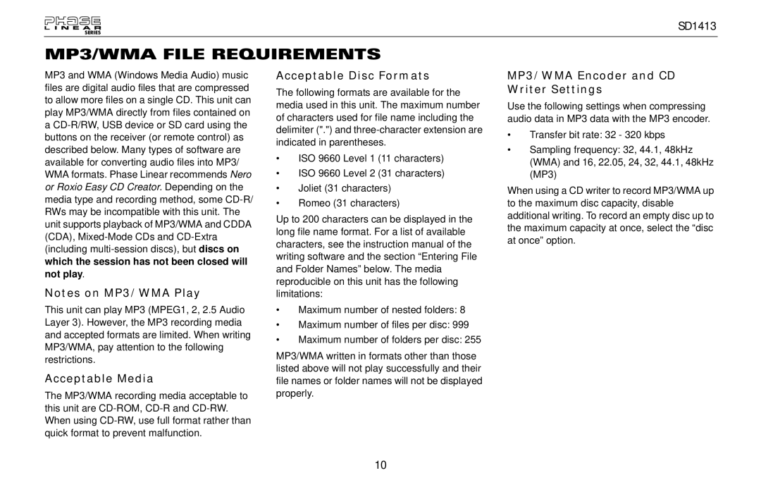 Jensen SD1413 MP3/WMA File Requirements, Acceptable Media, Acceptable Disc Formats, MP3/WMA Encoder and CD Writer Settings 