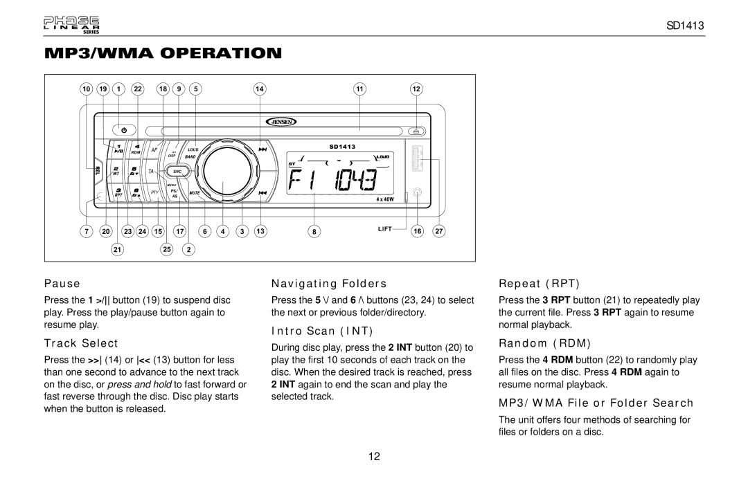 Jensen SD1413 owner manual MP3/WMA Operation 