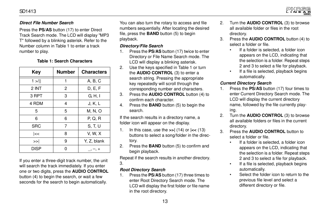 Jensen SD1413 owner manual Direct File Number Search, Search Characters, Directory/File Search, Root Directory Search 