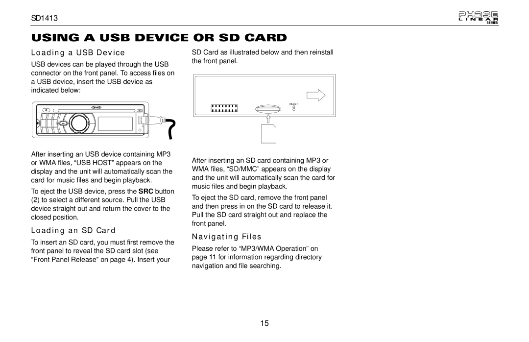 Jensen SD1413 owner manual Using a USB Device or SD Card, Loading a USB Device, Loading an SD Card, Navigating Files 