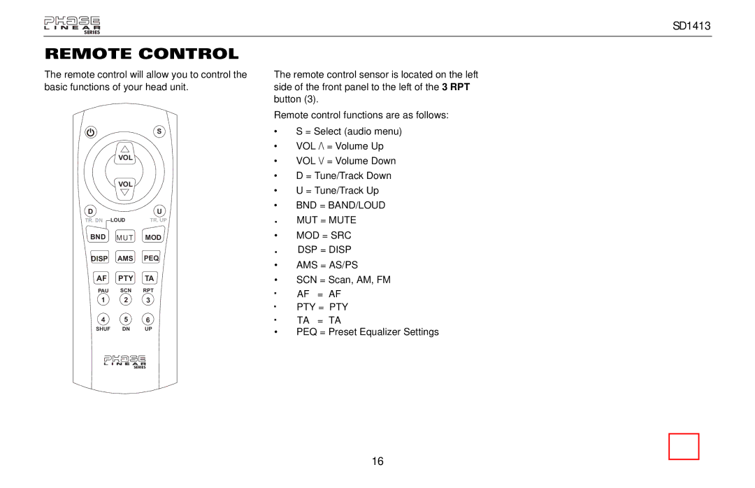 Jensen SD1413 owner manual Remote Control 