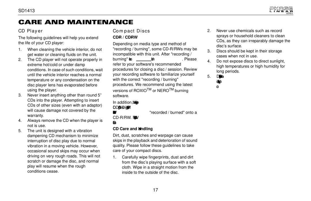 Jensen SD1413 owner manual Care and Maintenance, CD Player, Compact Discs, CD Care and Handling 