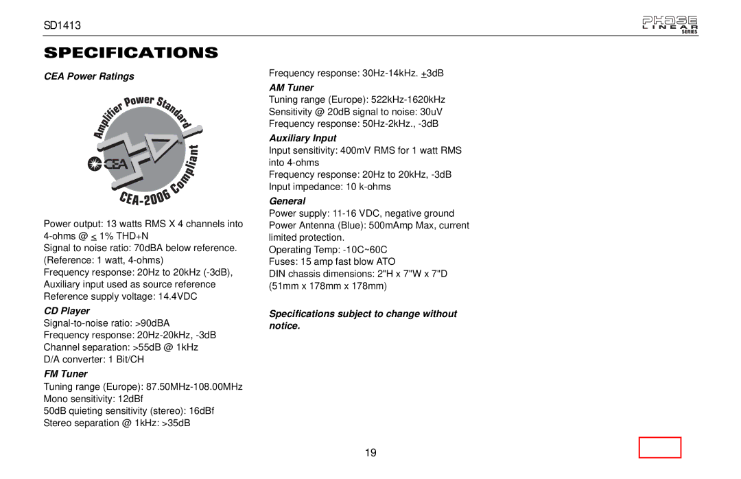 Jensen SD1413 owner manual Specifications 