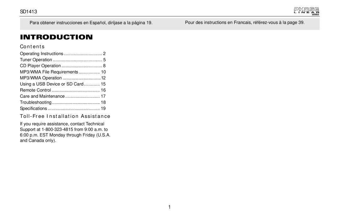 Jensen SD1413 owner manual Introduction, Contents, Toll-Free Installation Assistance 