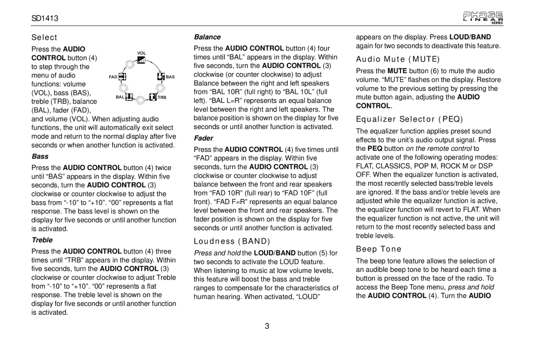 Jensen SD1413 owner manual Loudness Band, Audio Mute Mute, Equalizer Selector PEQ, Beep Tone 