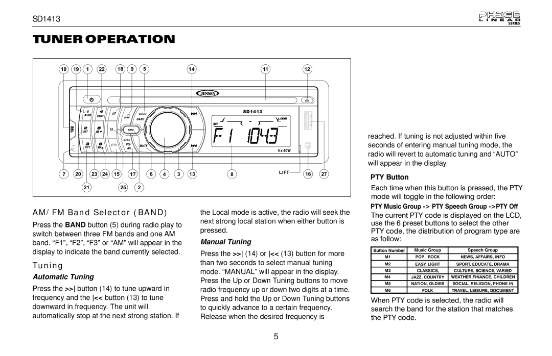 Jensen SD1413 owner manual Tuner Operation, AM/FM Band Selector Band, Automatic Tuning, Manual Tuning 