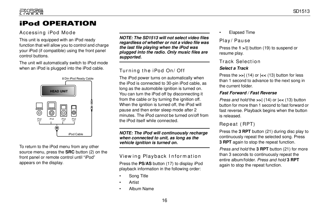 Jensen SD1513 owner manual Accessing iPod Mode, Turning the iPod On/Off, Viewing Playback Information, Track Selection 