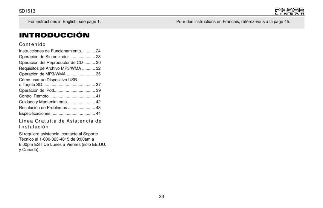 Jensen SD1513 owner manual Introducción, Contenido, Línea Gratuita de Asistencia de Instalación 