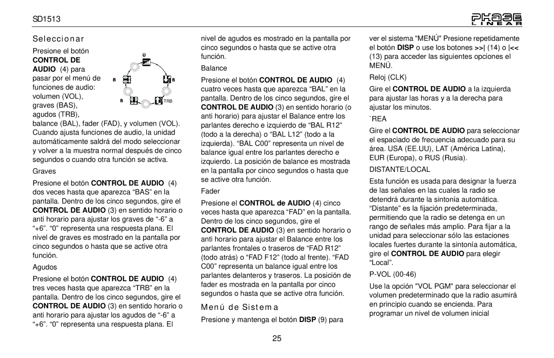 Jensen SD1513 owner manual Seleccionar, Menú de Sistema, Graves, Agudos, Reloj CLK 