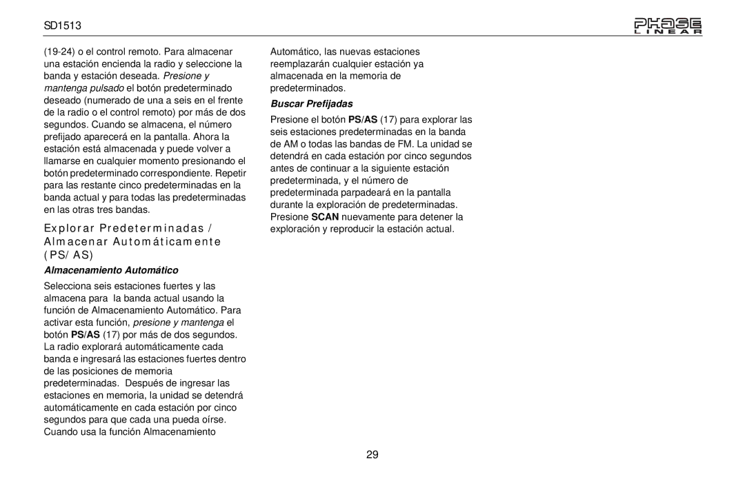 Jensen SD1513 Explorar Predeterminadas / Almacenar Automáticamente PS/AS, Almacenamiento Automático, Buscar Prefijadas 