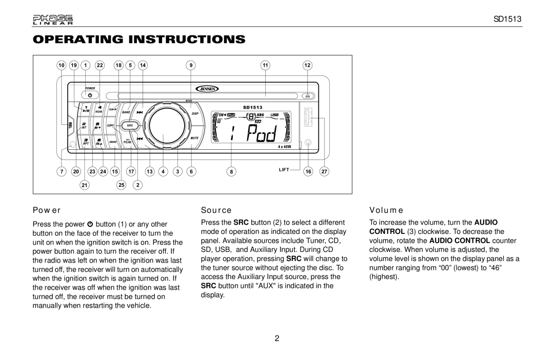 Jensen SD1513 owner manual Operating Instructions, Power, Source, Volume 