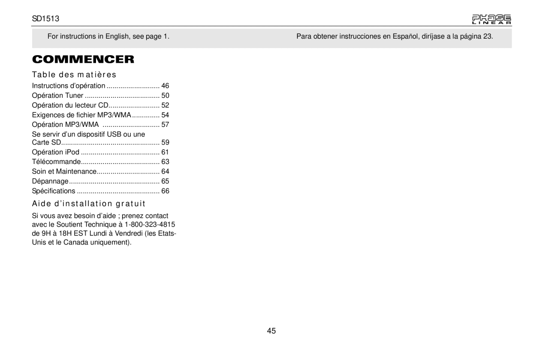Jensen SD1513 owner manual Commencer, Table des matières, Aide d’installation gratuit 