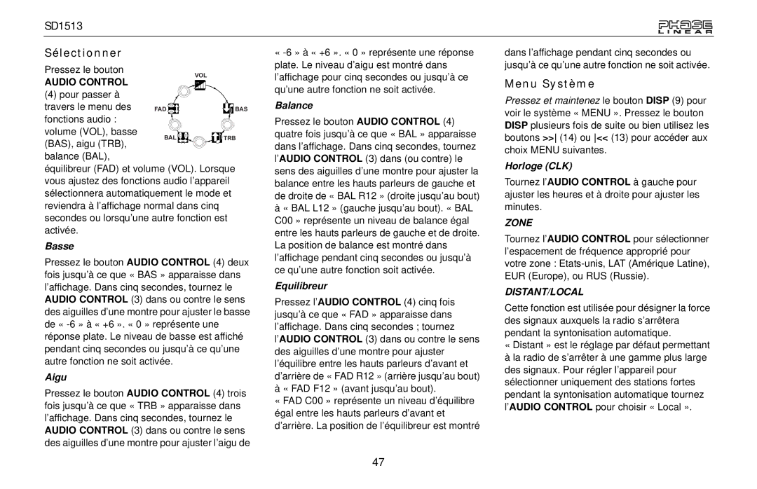 Jensen SD1513 owner manual Sélectionner, Menu Système 