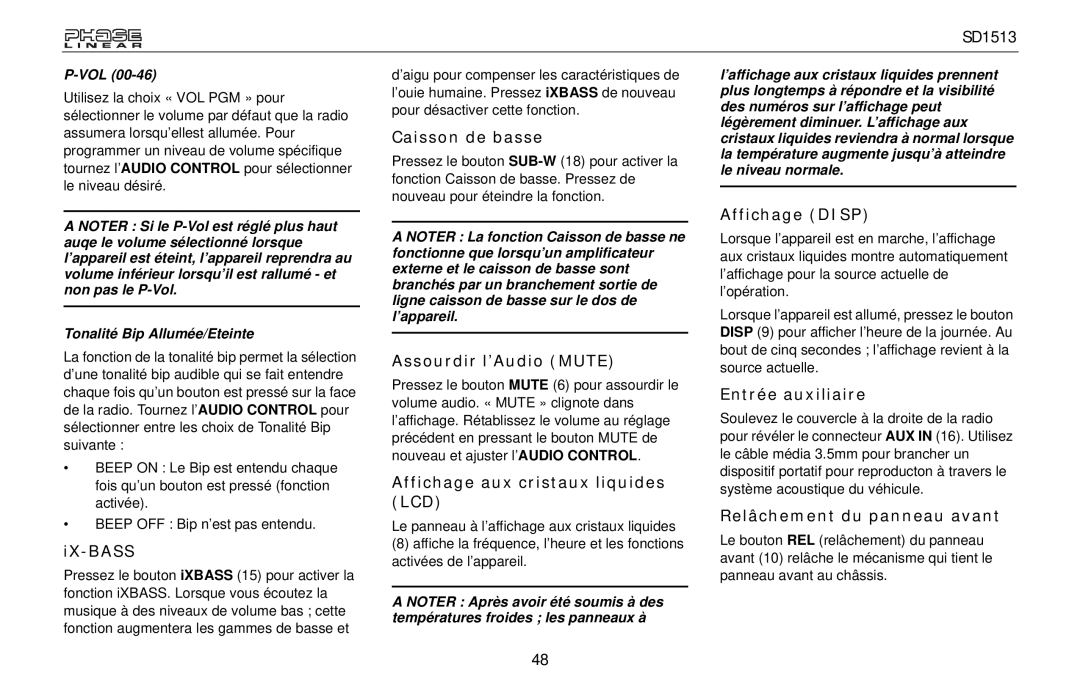 Jensen SD1513 owner manual Caisson de basse, Assourdir l’Audio Mute, Affichage aux cristaux liquides LCD, Affichage Disp 