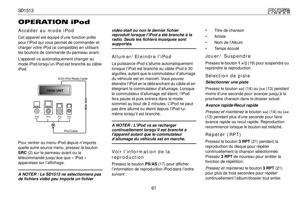 Jensen SD1513 Accéder au mode iPod, Allumer/Eteindre l’iPod, Voir l’information de la reproduction, Jouer/ Suspendre 