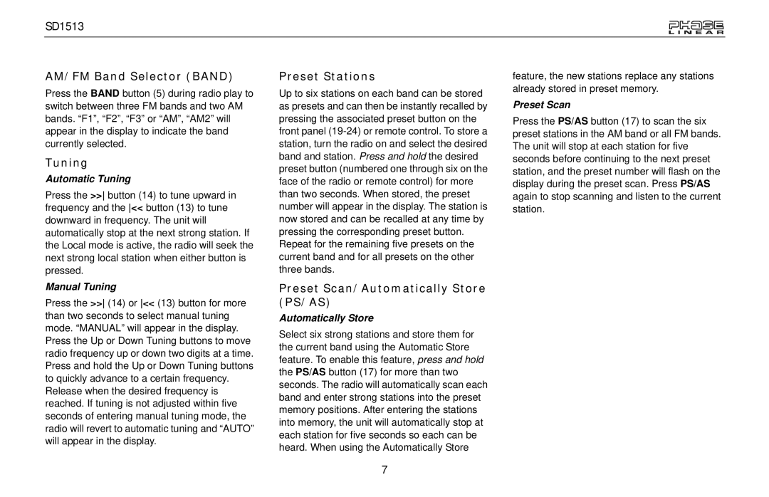 Jensen SD1513 owner manual AM/FM Band Selector Band, Tuning, Preset Stations, Preset Scan/Automatically Store PS/AS 