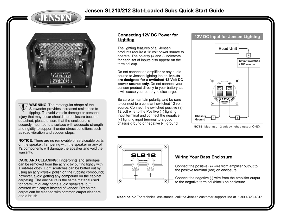 Jensen SL212 quick start Connecting 12V DC Power for Lighting, Wiring Your Bass Enclosure 