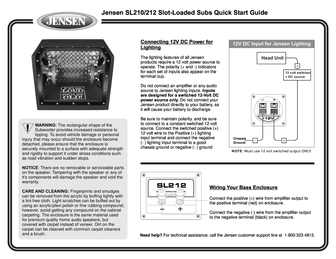 Jensen SL212 quick start Connecting 12V DC Power for Lighting, Wiring Your Bass Enclosure, Head Unit 
